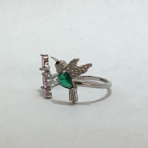 Sterling Silver Hummingbird Ring Adjustable Size 7 CZ Pink Flowers Green Body - Picture 11 of 16